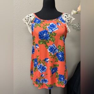 Blue sketch Vibrant Apricot Blue Floral Crochet Sleeves, keyhole back Top Size M